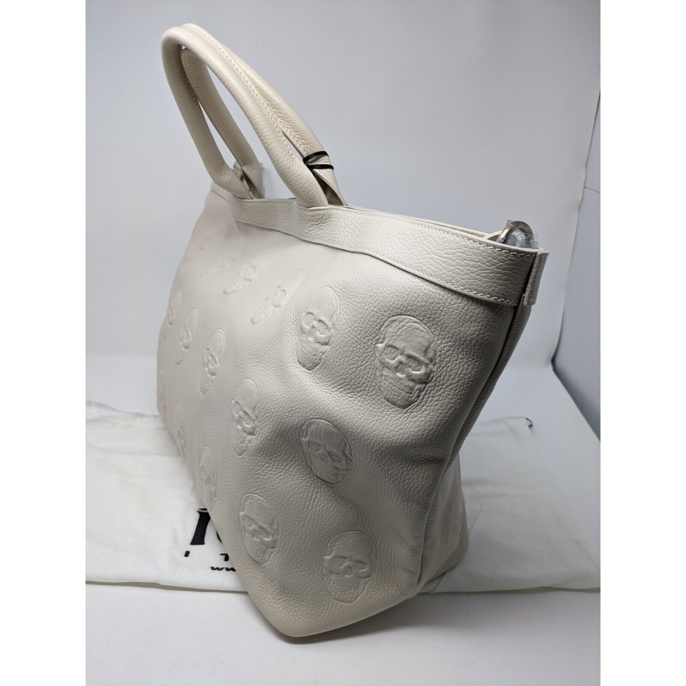 IO Pelle Leather 3D Skull Weekender Tote Bag Italy Ivory Mousse Latte NWT - Picture 4 of 11